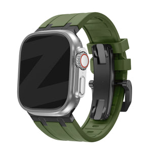 Silicone Strap 'Luxe Liquid', green with black, on a watch, 3/4 front view