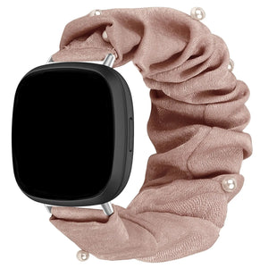 Nylon Scrunchie Strap, beige with pearls, on a watch, 3/4 front view