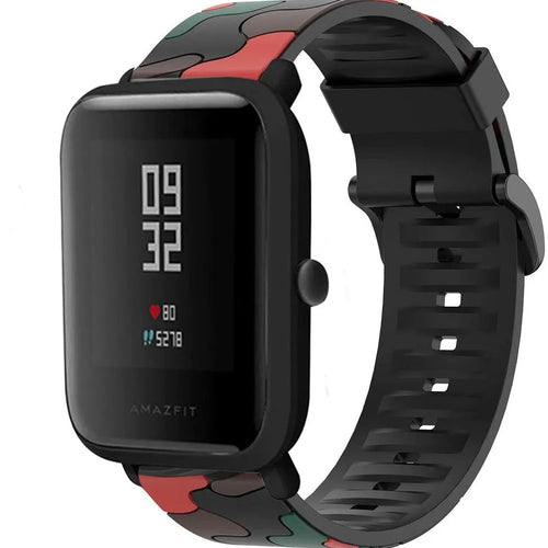 Silicone Camo Strap, red, on a watch, 3/4 front view