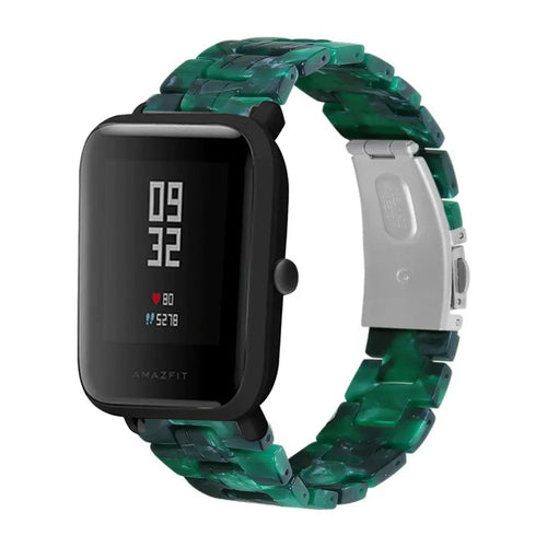 Metal Resin Strap, green, on a watch, 3/4 front view