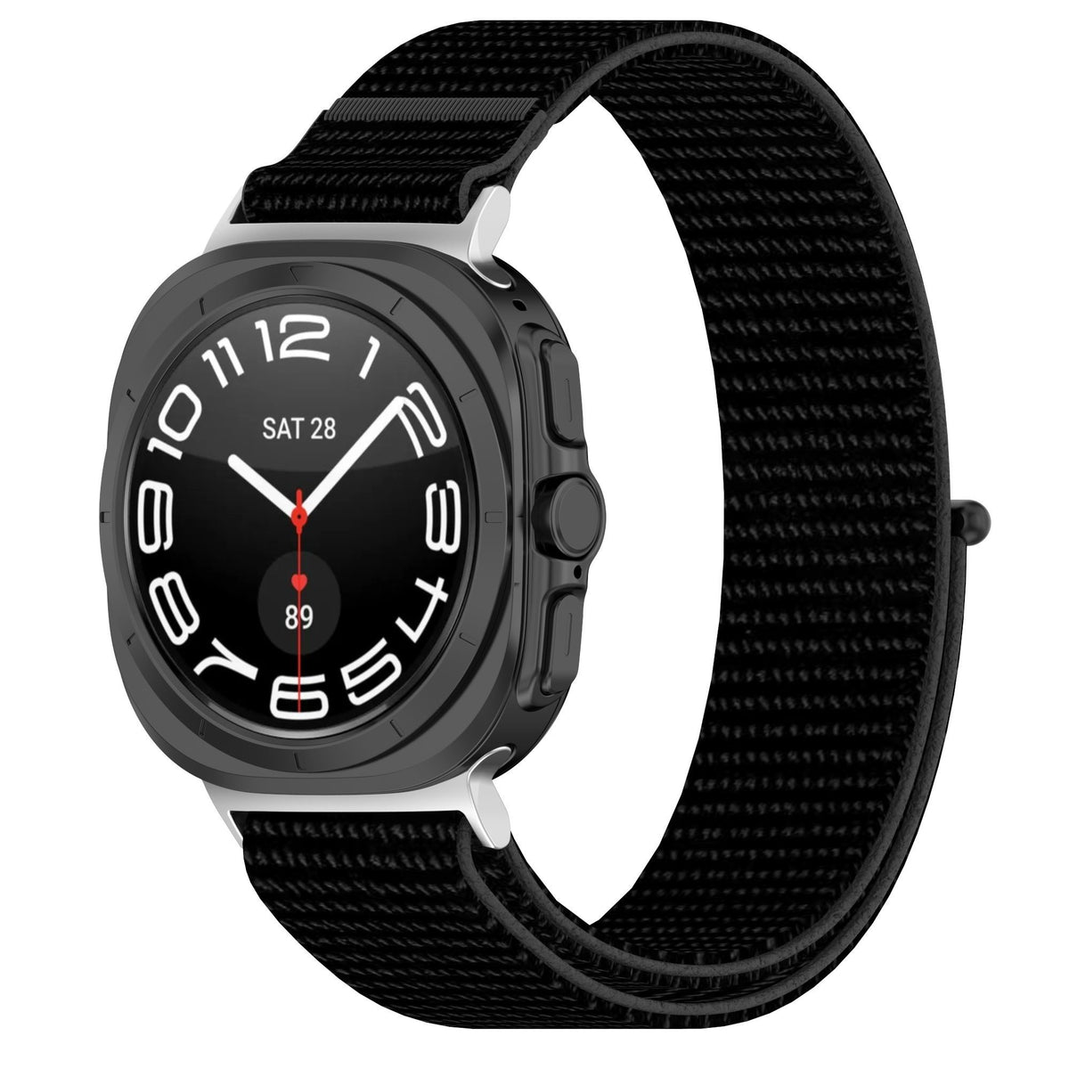 Nylon Strap, black, on a watch, 3/4 front view