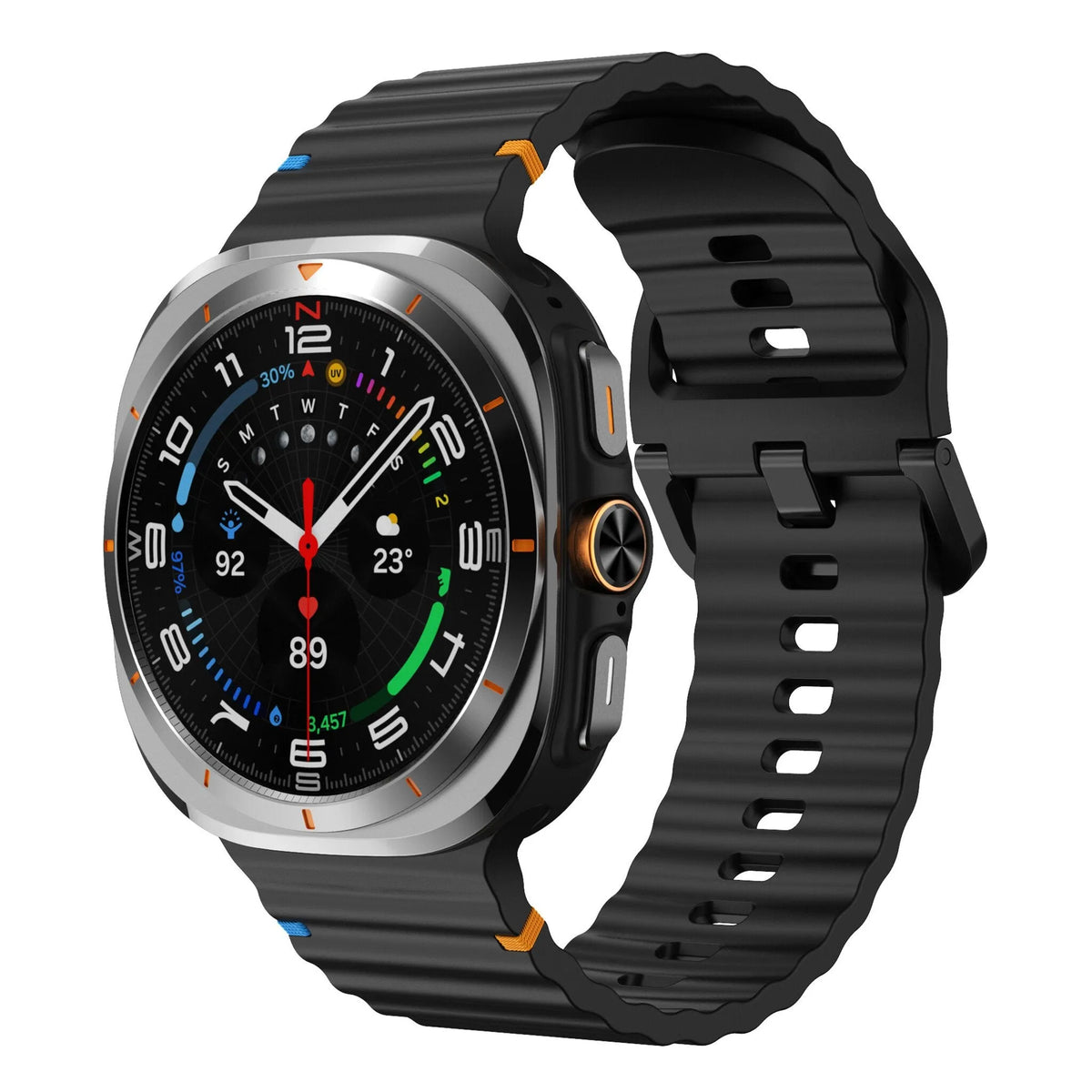 Wave Silicone Strap, black, on a watch, 3/4 front view