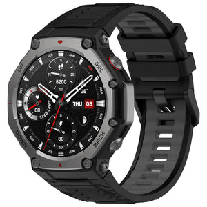 Silicone Strap, black/grey, on a watch, 3/4 front view