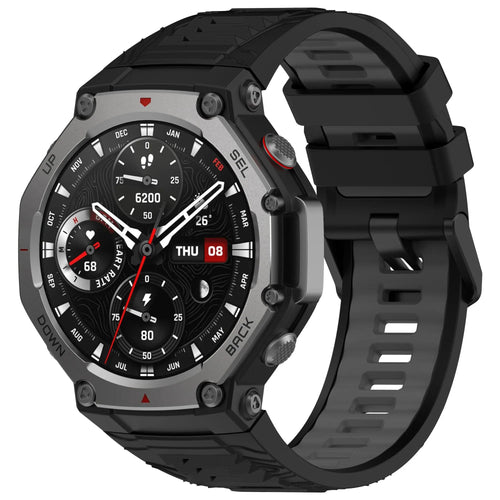 Silicone Strap, black/grey, on a watch, 3/4 front view