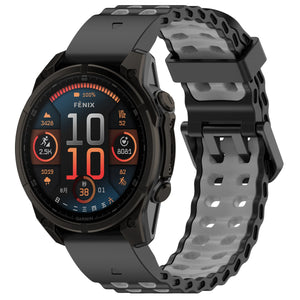 Silicone Wave Sport Strap, black/grey, on a watch, 3/4 front view