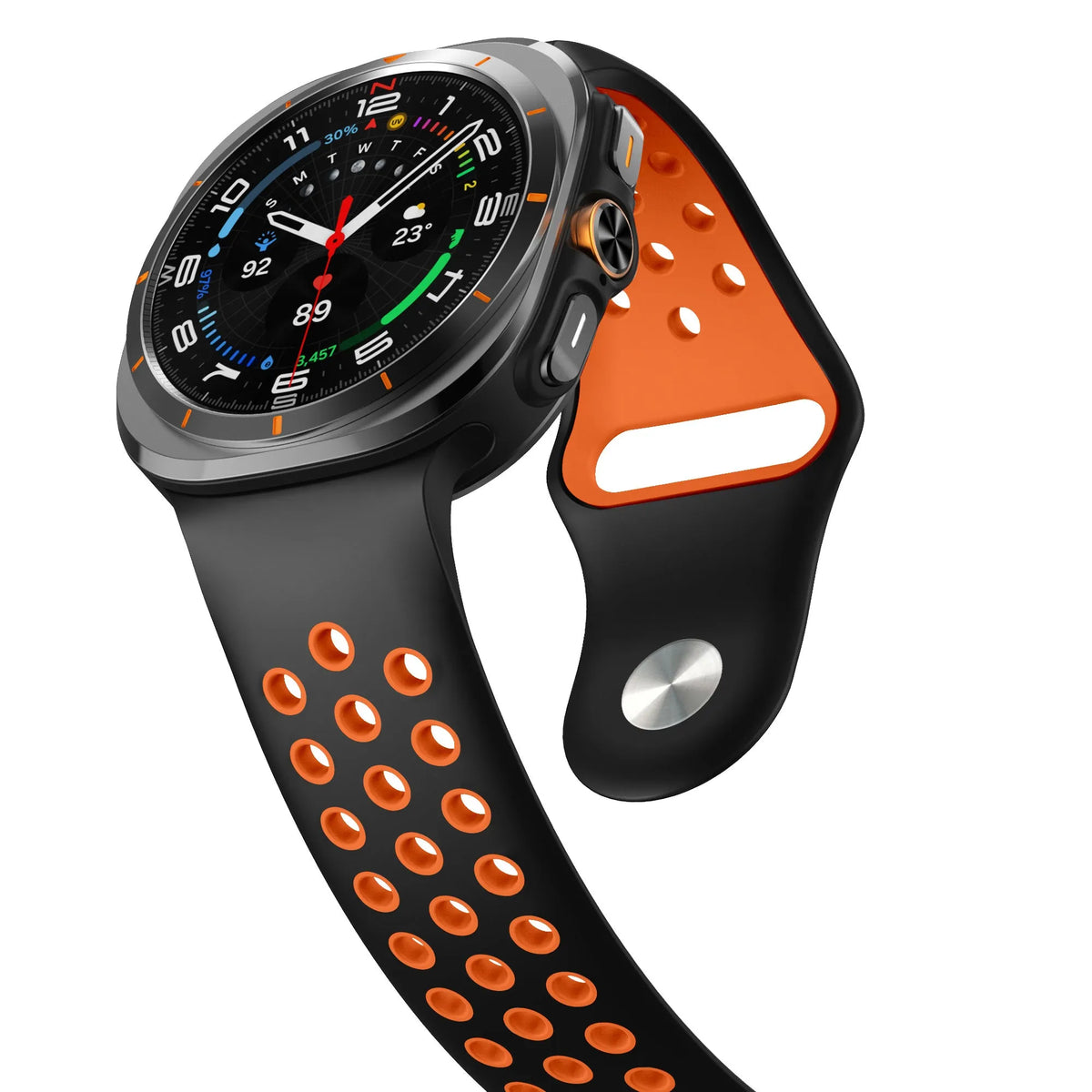 Silicone Sport Strap, black/orange, on a watch, 3/4 front view