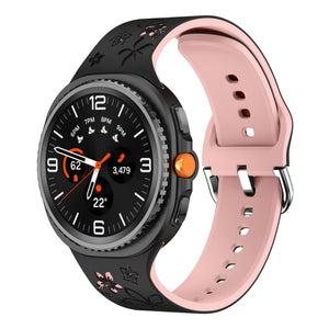 Flower Silicone Strap, black/pink, on a watch, 3/4 front view