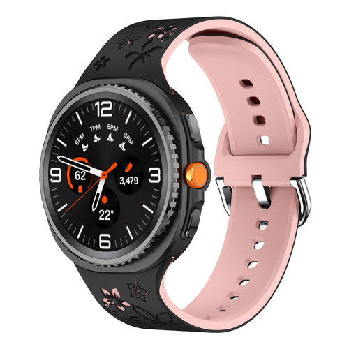 Flower Silicone Strap, black/pink, on a watch, 3/4 front view