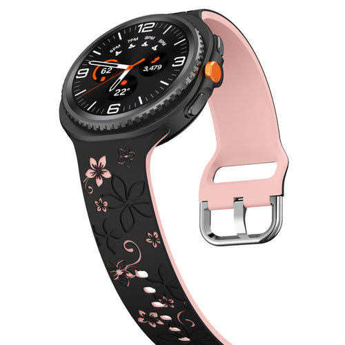 Flower Silicone Strap, black/pink, on a watch, 3/4 front view