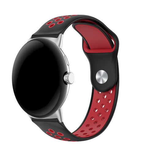 Silicone Sport Strap, black/red, on a watch, 3/4 front view