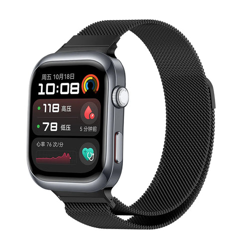 Milanese Strap, black, on a watch, 3/4 front view