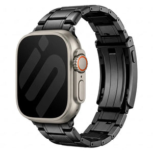 Adjustable Titanium Strap, black, on a watch, 3/4 front view