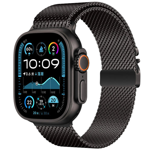 Modern Milanese Strap, black, on a watch, 3/4 front view