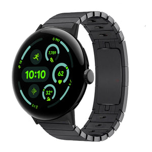 Premium Metal Link Strap, black, on a watch, 3/4 front view