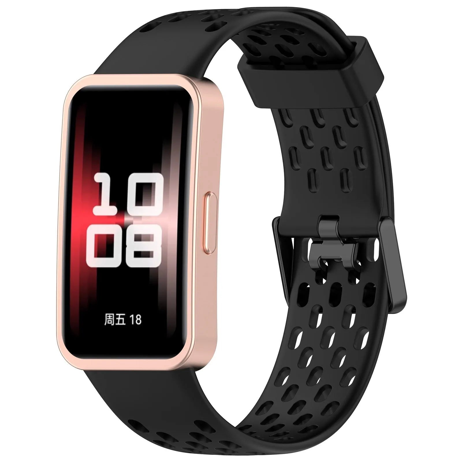 Breathable Silicone Strap, black, on a watch, 3/4 front view
