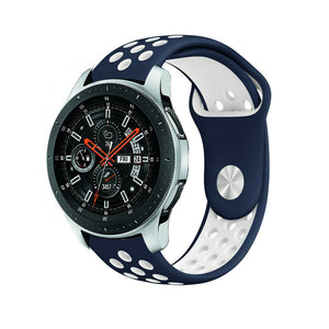 Silicone Sport Strap, blue/white, on a watch, 3/4 front view