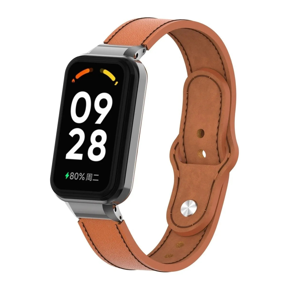 Leather Strap, brown, on a watch, 3/4 front view
