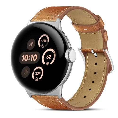 Modern Leather Strap, brown, on a watch, 3/4 front view