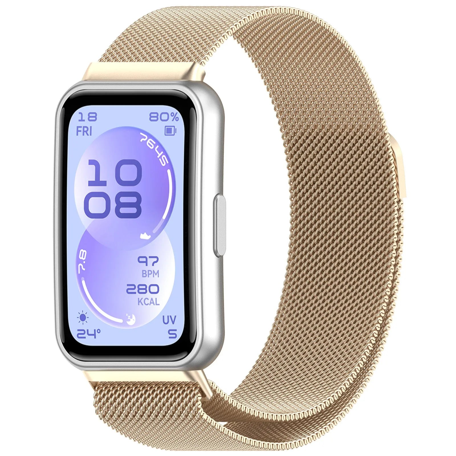Milanese Strap, champagne, on a watch, 3/4 front view