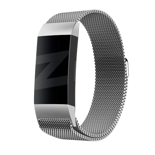 Milanese Loop Strap, silver, on a watch, 3/4 front view