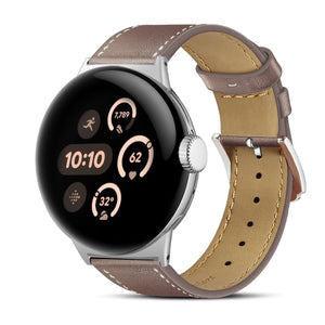 Modern Leather Strap, coco, on a watch, 3/4 front view