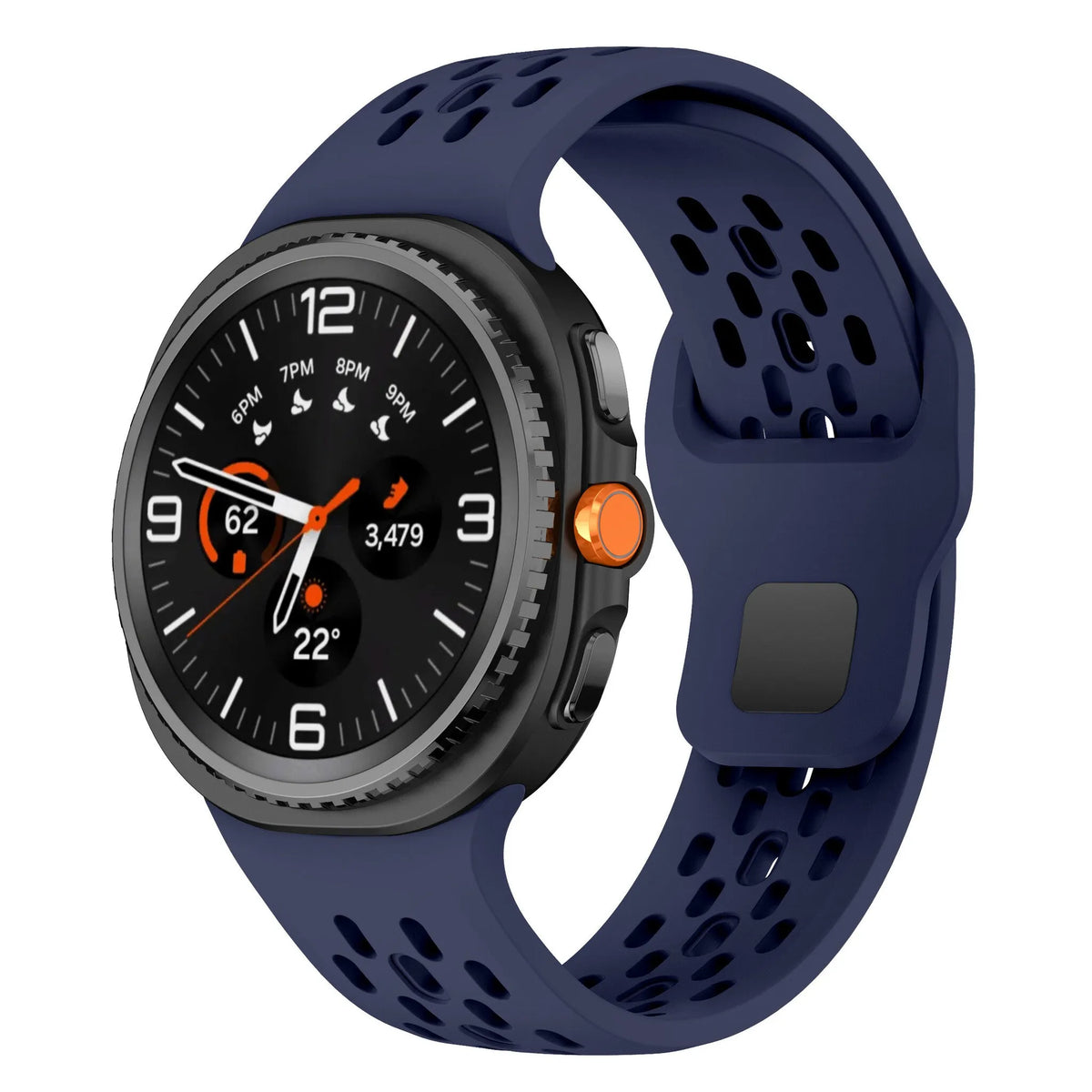 Silicone Air Strap, dark blue, on a watch, 3/4 front view