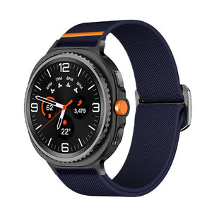 Nylon Elastic Strap, dark blue, on a watch, 3/4 front view