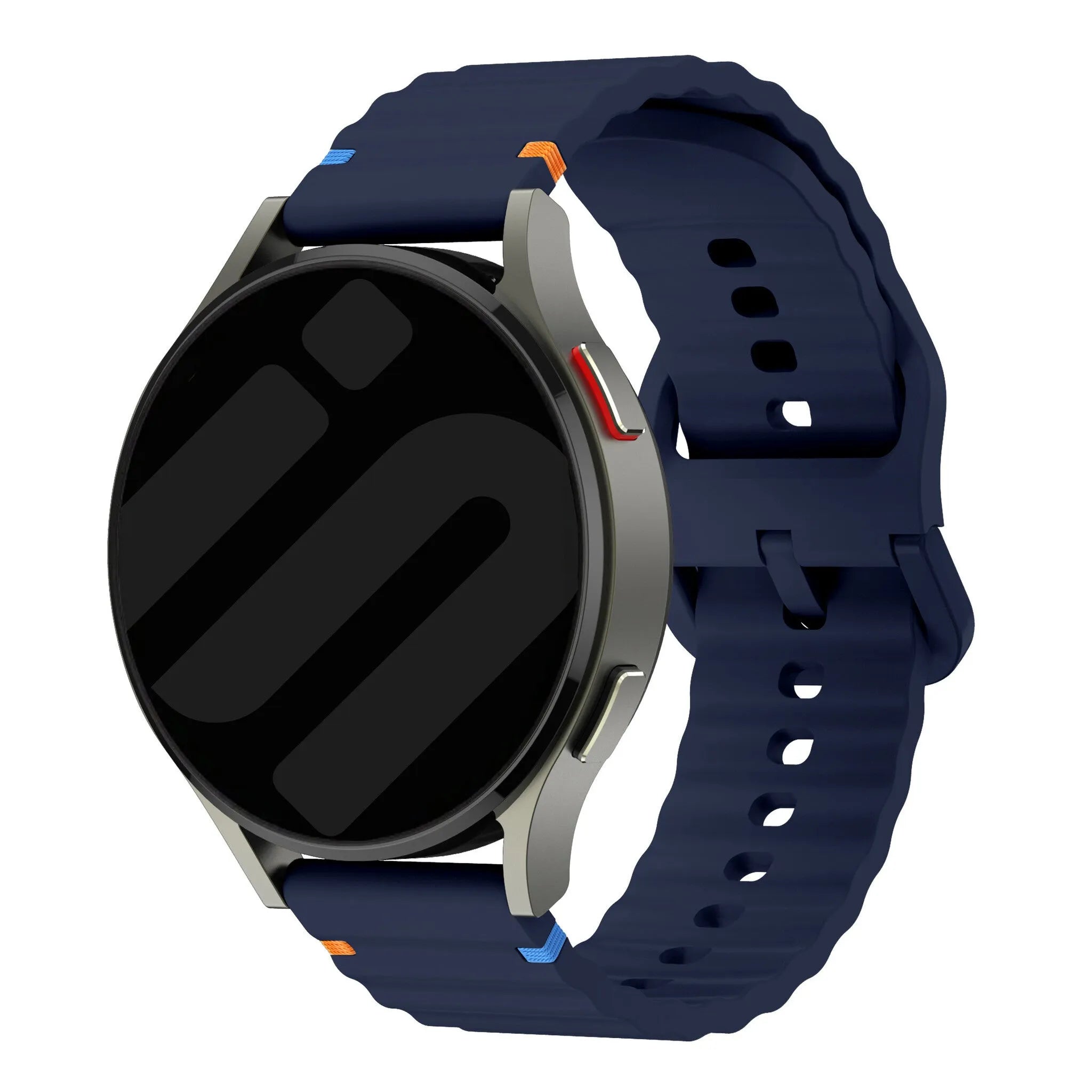 Wave Silicone Strap, dark blue, on a watch, 3/4 front view