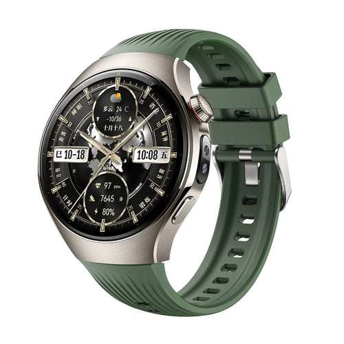 Silicone Strap Perfect Fit, dark green, on a watch, 3/4 front view