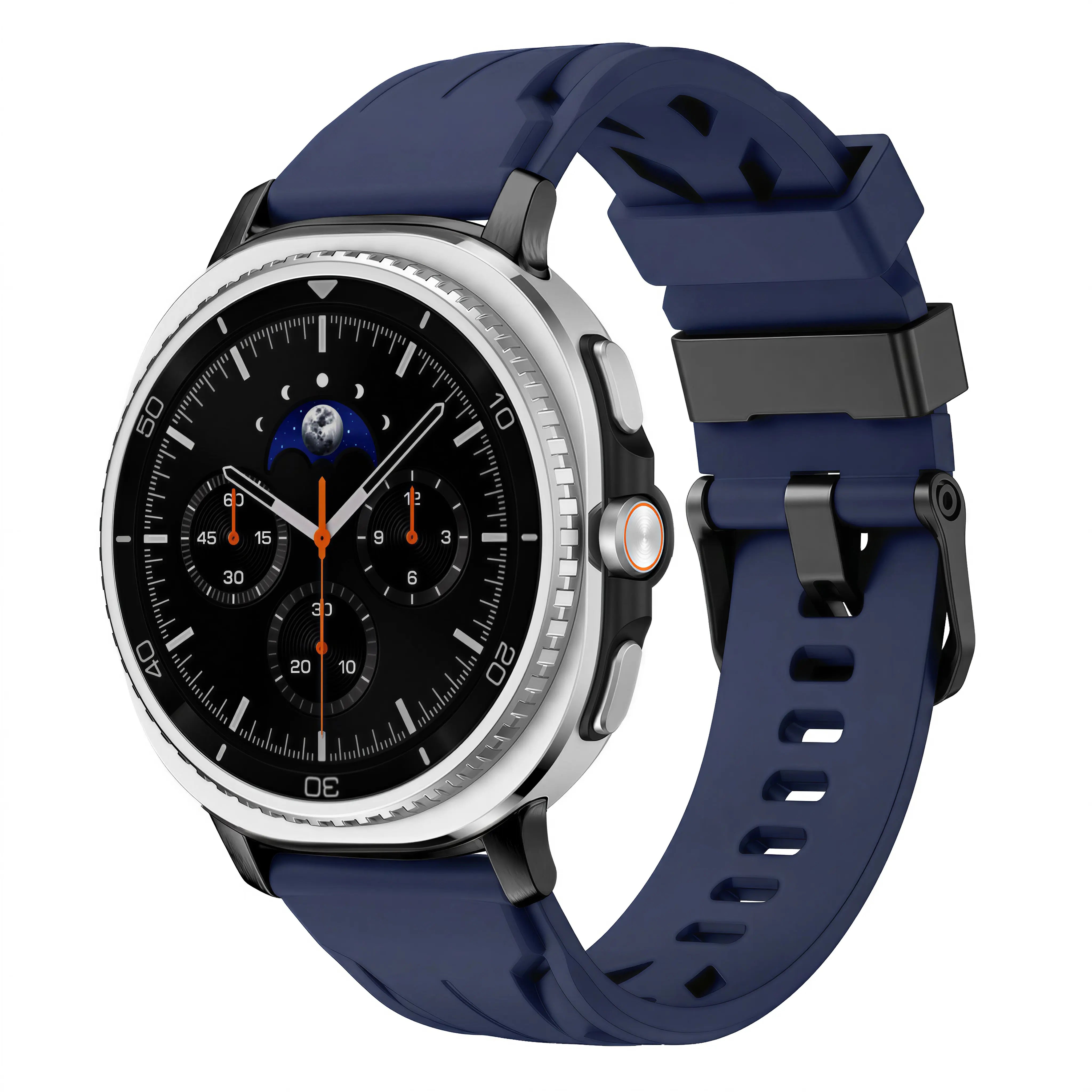 Race Silicone Strap, dark blue, on a watch, 3/4 front view