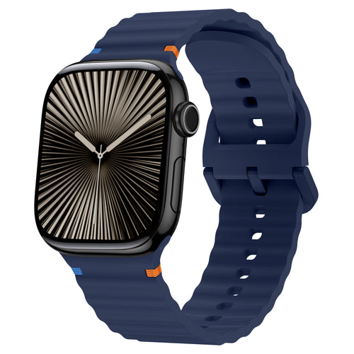 Wave Silicone Strap, dark blue, on a watch, 3/4 front view