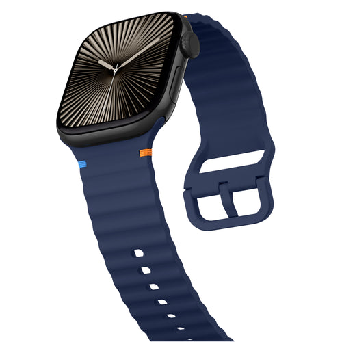 Wave Silicone Strap, dark blue, on a watch, 3/4 front view