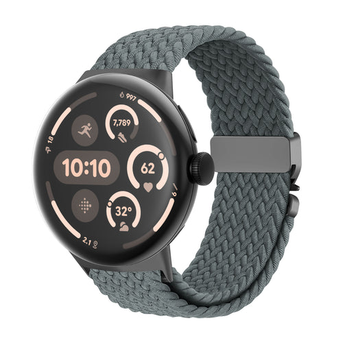 Nylon Braided Strap P-Buckle, grey-blue, on a watch, 3/4 front view
