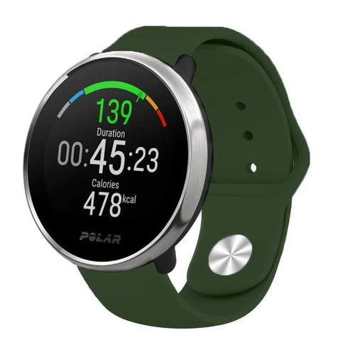 Silicone Sport Strap, army green, on a watch, 3/4 front view