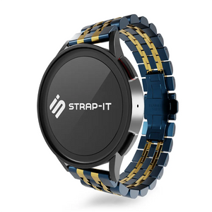 Steel Link Strap 'Duo', blue/gold, on a watch, 3/4 front view