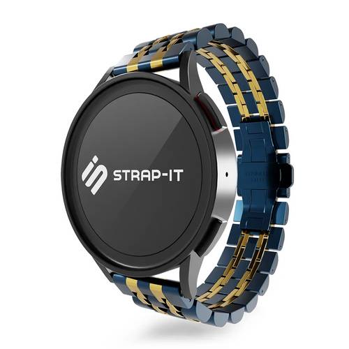Steel Link Strap 'Duo', blue/gold, on a watch, 3/4 front view