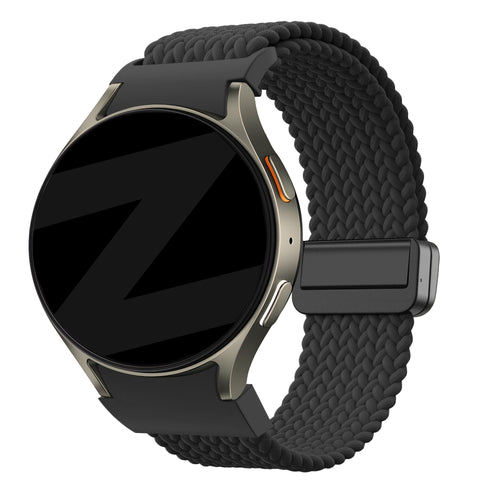 Nylon Braided Strap 'Easy Fit', black, on a watch, 3/4 front view