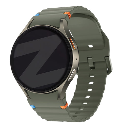 Silicone Wave Strap 'Easy Fit', army green, on a watch, 3/4 front view
