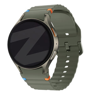Silicone Wave Strap 'Easy Fit', army green, on a watch, 3/4 front view