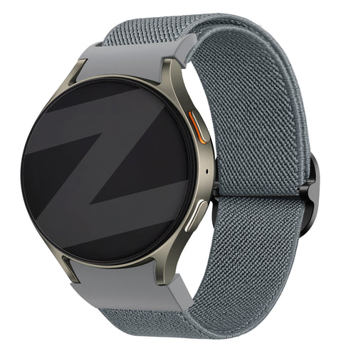 Nylon Elastic Strap 'Easy Fit', grey-blue, on a watch, 3/4 front view