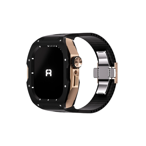 Silicone Case with Rubber Strap, black/rose gold, on a watch, 3/4 front view