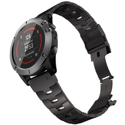 Titanium Strap, graphite, on a watch, 3/4 front view