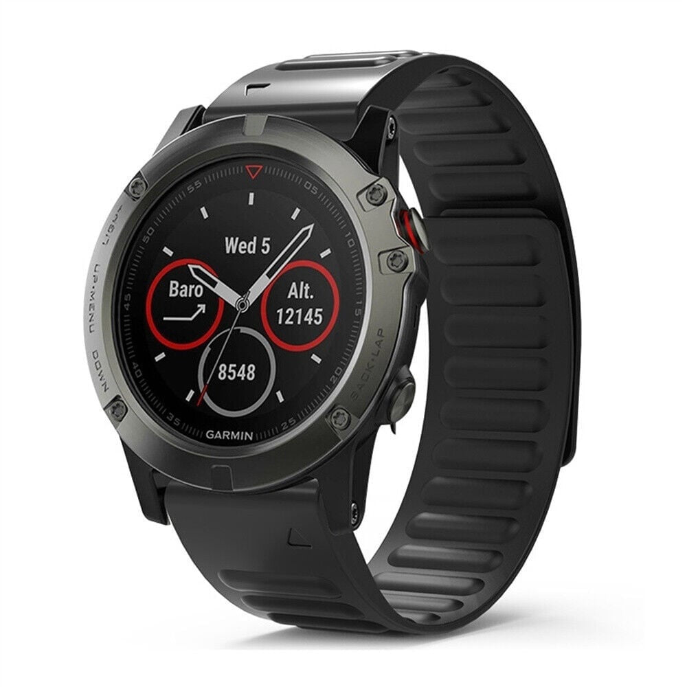 Magnetic Silicone Strap, black, on a watch, 3/4 front view