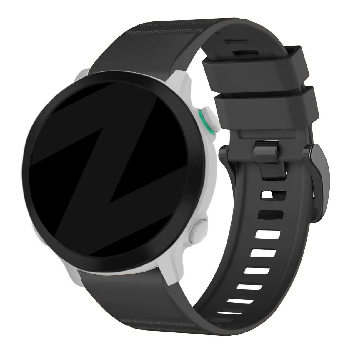 Buckled Silicone Strap, black, on a watch, 3/4 front view