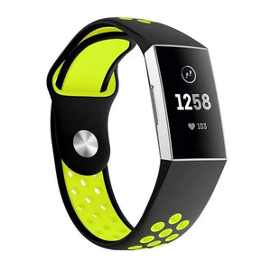 Silicone Sport Strap, black/yellow, on a watch, 3/4 front view