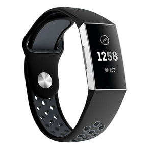 Silicone Sport Strap, black/grey, on a watch, 3/4 front view