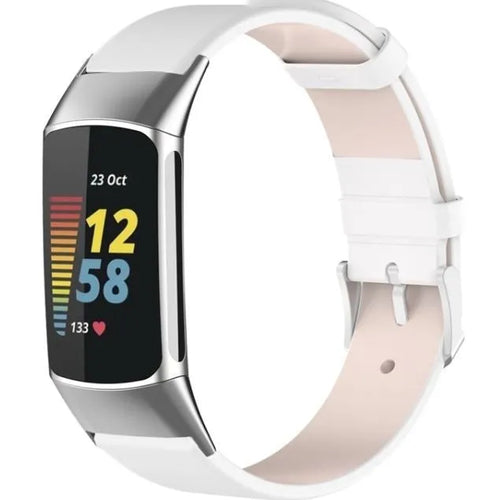 Leather Strap, white, on a watch, 3/4 front view