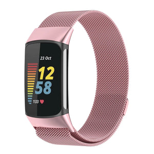 Milanese Strap, pink, on a watch, 3/4 front view