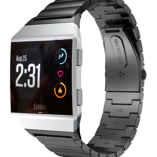 Metal Strap, black, on a watch, 3/4 front view