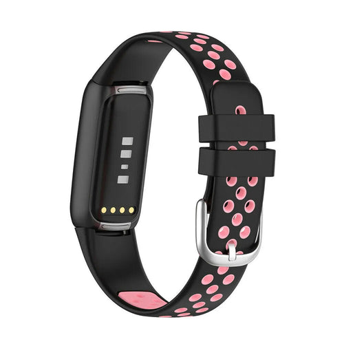 Silicone Sport Strap, black/pink, on a watch, 3/4 front view